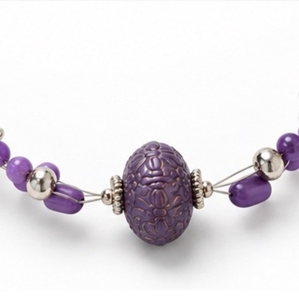 Beaded Jewelry Set Purple Boho Carved Resin Multi Strand Necklace Drop Earrings - Picture 3 of 7